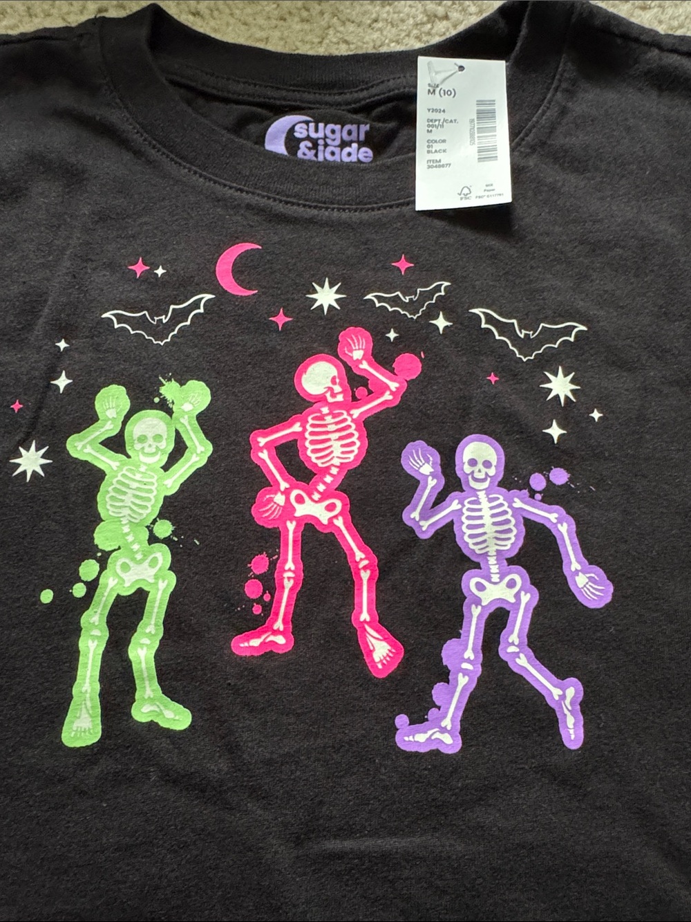 The Children’s Place Girls Black Tee with Neon Dancing Skeletons